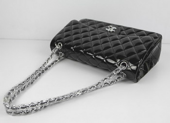 AAA Chanel Classic Flap Bag 1113 Black Quilted Patent Silver Chain Knockoff